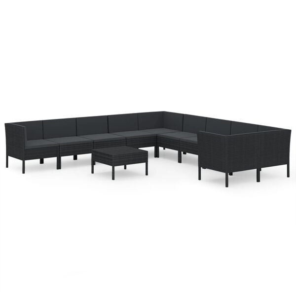vidaXL 11 pcs conjunto lounge de jardim c/ almofad&otilde;es vime PE preto