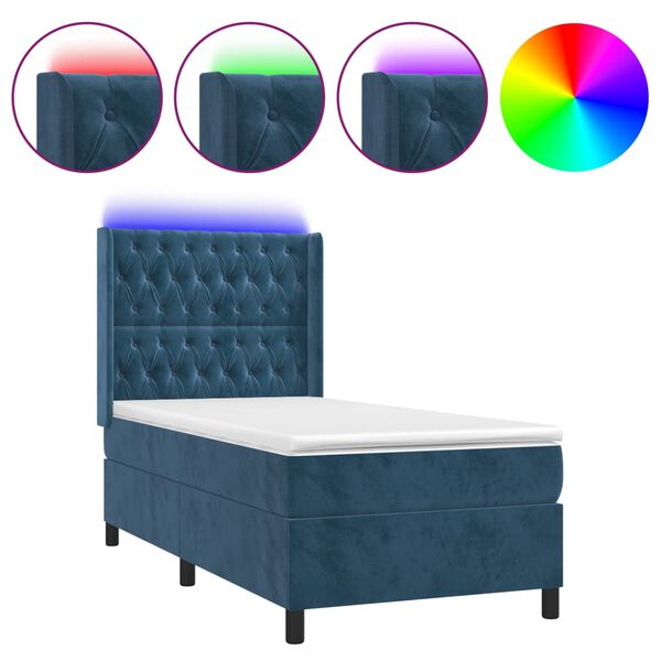 vidaXL Cama box spring c/ colch&atilde;o/LED 90x190 cm veludo azul-escuro