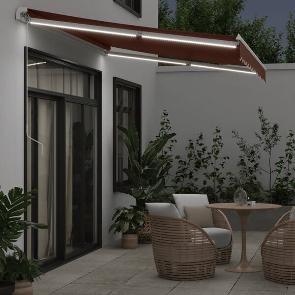 vidaXL Toldo retr&aacute;til manual com luzes LED 350x250 cm castanho