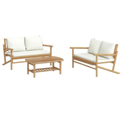 vidaXL 3 pcs conjunto lounge de jardim bambu c/ almofadões branco nata