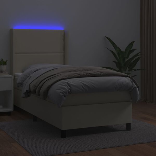 vidaXL Cama box spring c/ colch&atilde;o/LED 90x190 cm couro artificial creme