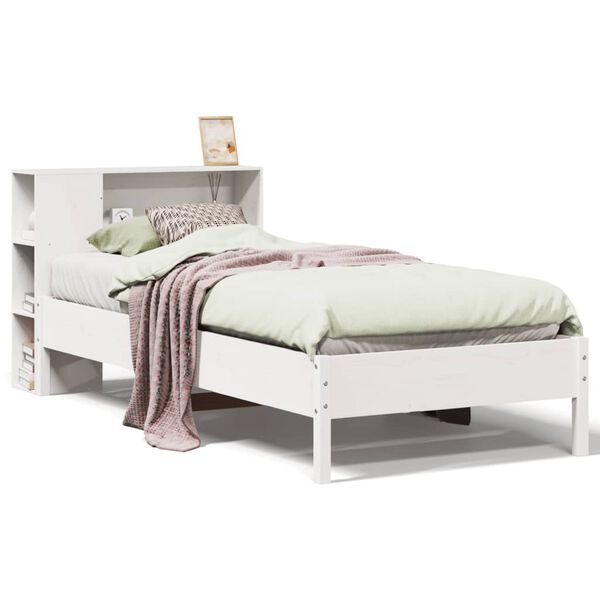vidaXL Cama com estante sem colchão 75x190 cm pinho maciço branco
