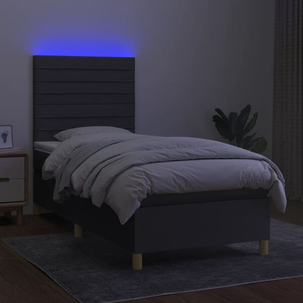 vidaXL Cama box spring c/ colch&atilde;o e LED 90x190 cm tecido cinza-escuro