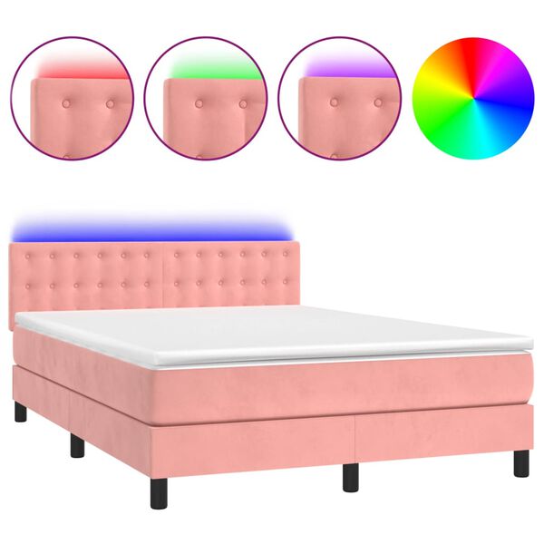 vidaXL Cama box spring c/ colch&atilde;o/LED 140x190 cm veludo rosa
