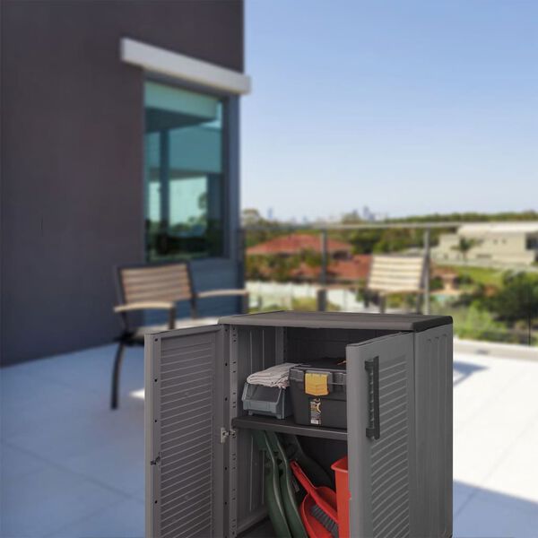 vidaXL Móvel de arrumação para jardim 68x37x84 cm PP cinzento e preto