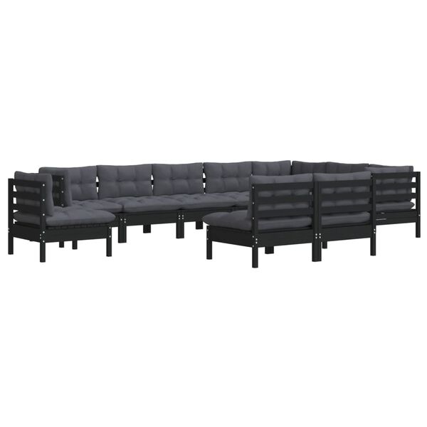 vidaXL 10 pcs conjunto lounge jardim c/ almofad&otilde;es pinho maci&ccedil;o preto