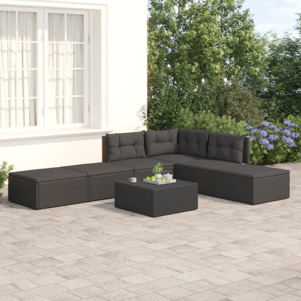 vidaXL 6 pcs conjunto lounge de jardim c/ almofad&otilde;es vime PE preto