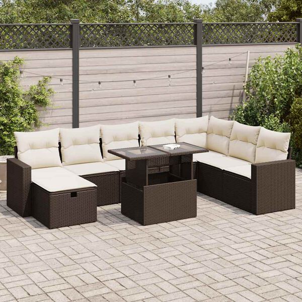 vidaXL 9 pcs conjunto sof&aacute;s p/ jardim c/ almofad&otilde;es vime PE castanho