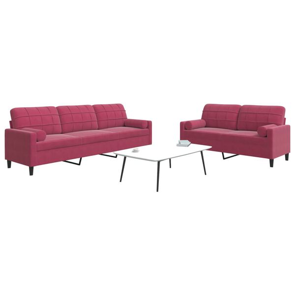 vidaXL 2pcs conjunto sof&aacute;s c/ almofad&otilde;es e rolos veludo vermelho tinto