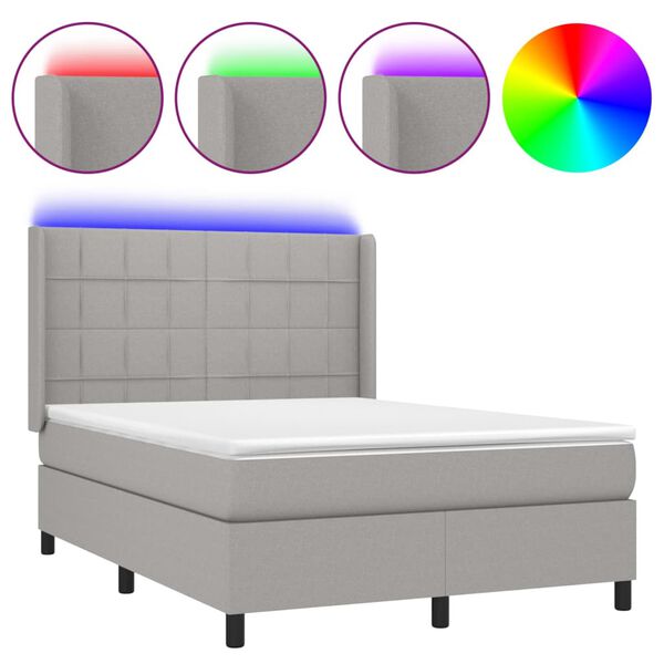 vidaXL Cama box spring c/ colch&atilde;o e LED 140x190 cm tecido cinza-claro