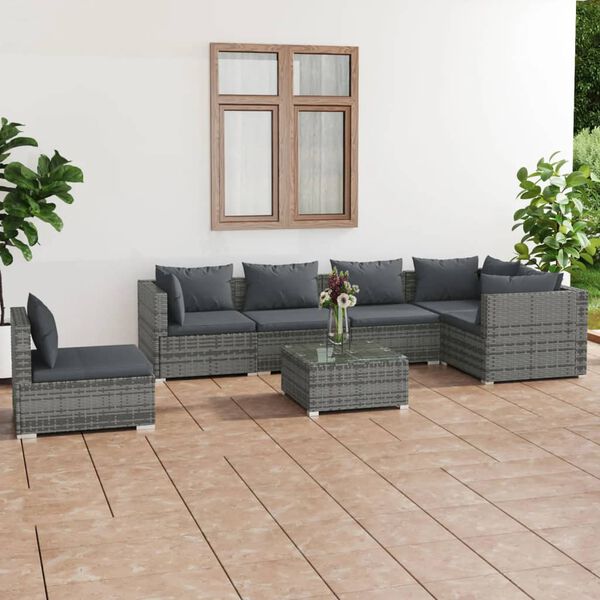 vidaXL 7 pcs conjunto lounge de jardim c/ almofad&otilde;es vime PE cinzento
