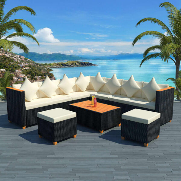 vidaXL 7 pcs conjunto lounge de jardim c/ almofad&otilde;es vime PE preto