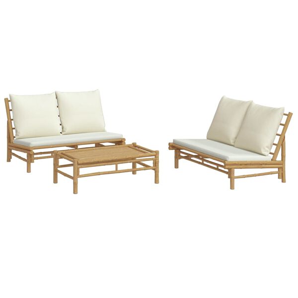 vidaXL 3 pcs conjunto lounge de jardim bambu c/ almofad&otilde;es branco nata