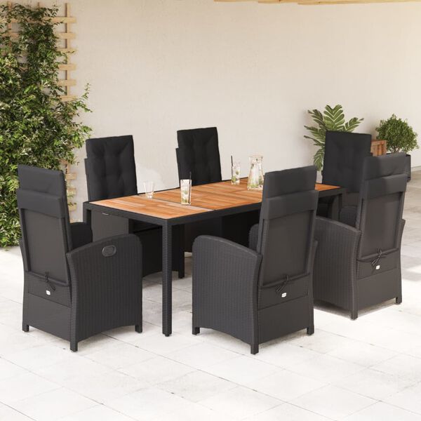 vidaXL 7 pcs conjunto de jantar p/ jardim c/ almofad&otilde;es vime PE preto