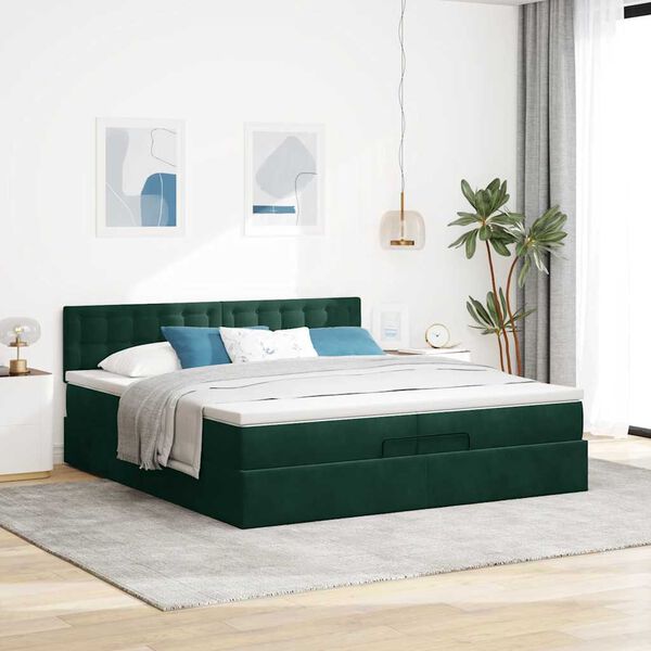vidaXL Estrutura de cama otomana com colch&atilde;o verde escuro Veludo