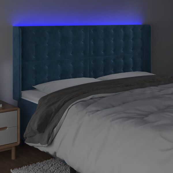 vidaXL Cabeceira cama c/ luzes LED veludo 163x16x118/128cm azul-escuro