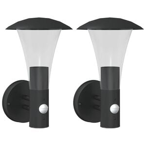 vidaXL Candeeiros parede p/ exterior c/ sensor 2 pcs a&ccedil;o inox. preto