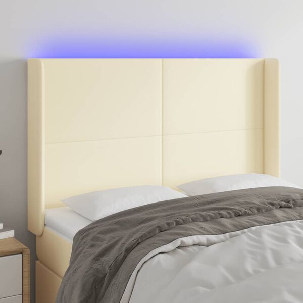 vidaXL Cabeceira cama c/ LED 147x16x118/128 cm couro artificial cr&egrave;me