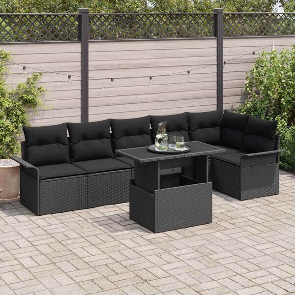 vidaXL Conjunto de Sof&aacute; de Jardim 7 pcs Preto Rattan Sint&eacute;tico