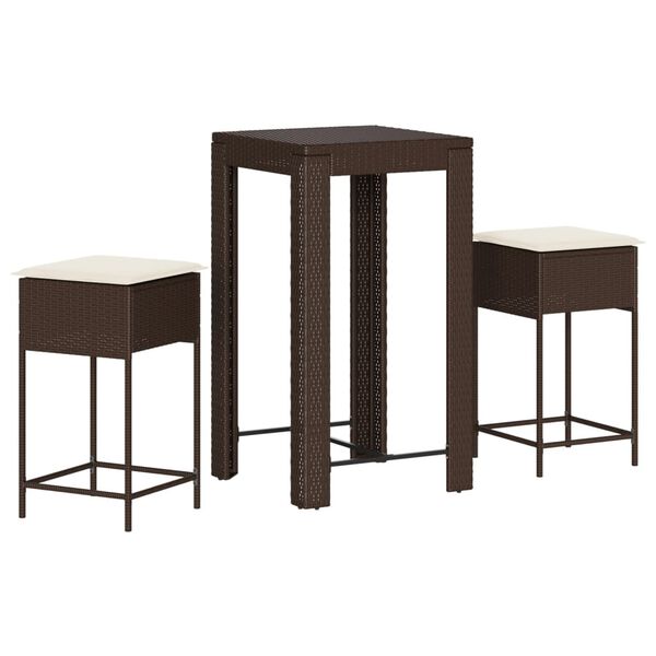 vidaXL 3 pcs conjunto de bar p/ jardim com almofad&otilde;es vime PE castanho