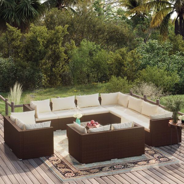vidaXL 12 pcs conjunto lounge de jardim c/ almofad&otilde;es vime PE castanho