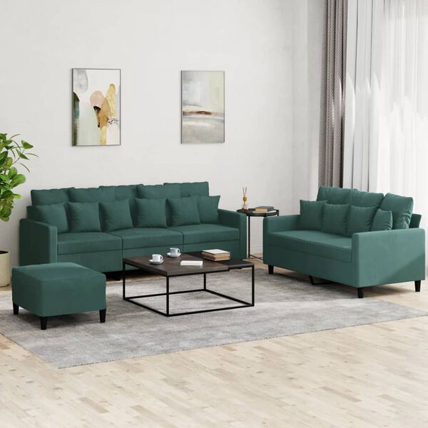 vidaXL 3 pcs conjunto de sof&aacute;s com almofad&otilde;es veludo verde-escuro