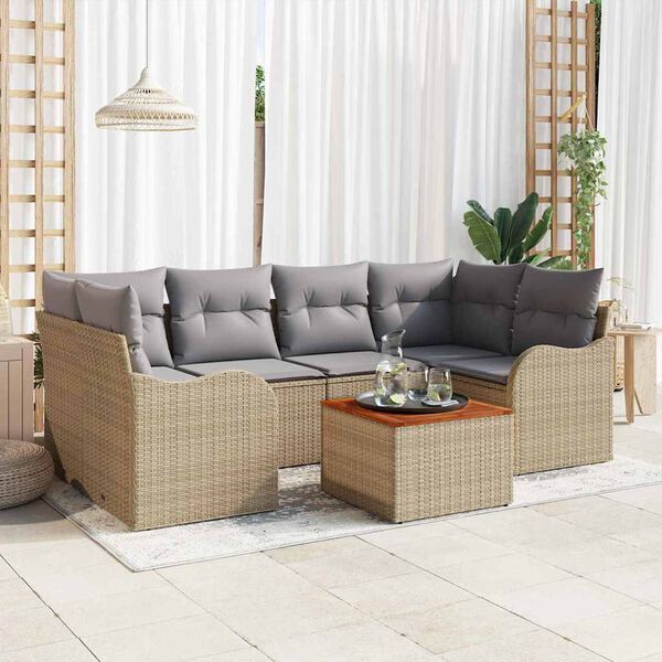 vidaXL Conjunto de Sof&aacute; de Jardim com almofada 7 pcs Bege vime PE