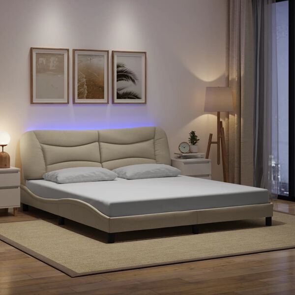 vidaXL Estrutura de cama com LED sem colch&atilde;o Hvar 180x200 cm tecido creme