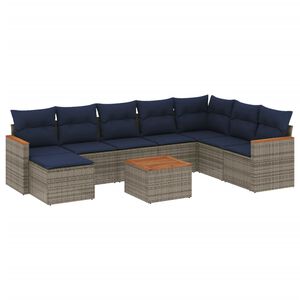 vidaXL Conjunto de sof&aacute; de jardim de 9 pe&ccedil;as com almofadas em rattan sint&eacute;tico cinza