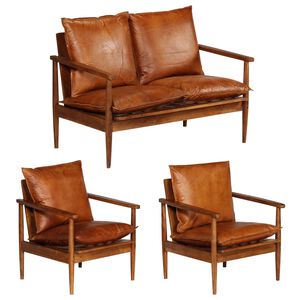 vidaXL Conjunto de sof&aacute;s 3 pcs couro genu&iacute;no e ac&aacute;cia maci&ccedil;a castanho