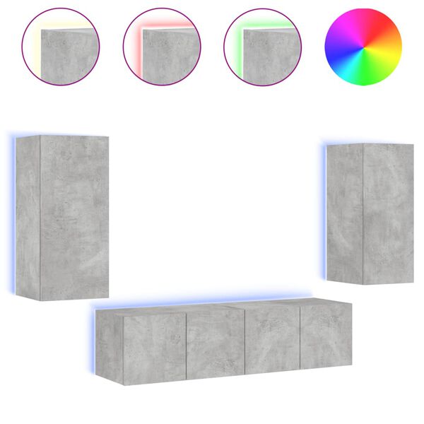 vidaXL 4 pcs m&oacute;veis parede p/ TV c/ LEDs deriv. madeira cinza cimento