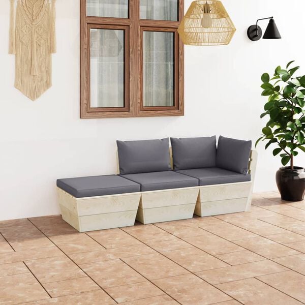 vidaXL 3 pcs conjunto lounge de paletes + almofad&otilde;es madeira de abeto