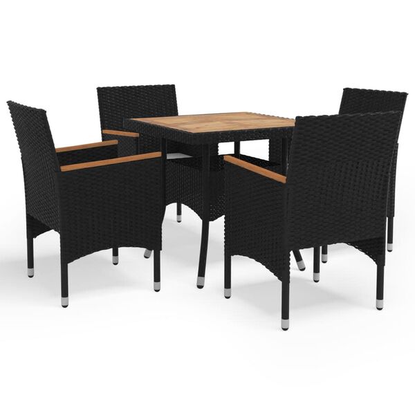 vidaXL 5 pcs conjunto de jantar p/ jardim vime PE/madeira maci&ccedil;a preto