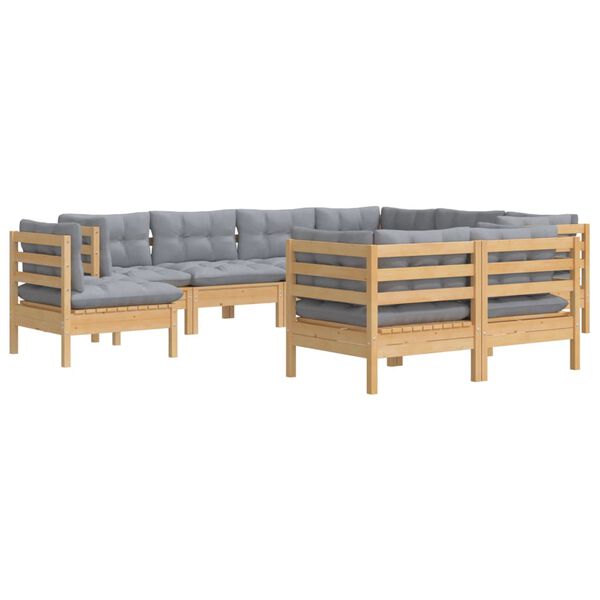 vidaXL 9 pcs conjunto lounge de jardim + almofad&otilde;es cinza pinho maci&ccedil;o