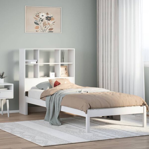 vidaXL Cama com estante sem colch&atilde;o 90x190 cm pinho maci&ccedil;o branco