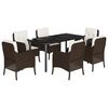 vidaXL 7 pcs conjunto jantar p/ jardim c/ almofad&otilde;es vime PE castanho