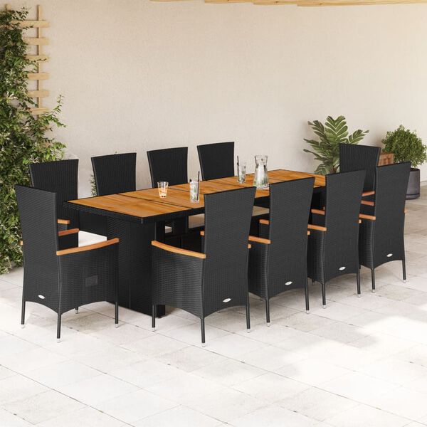 vidaXL 11 pcs conjunto de jantar p/ jardim c/ almofad&otilde;es vime PE preto