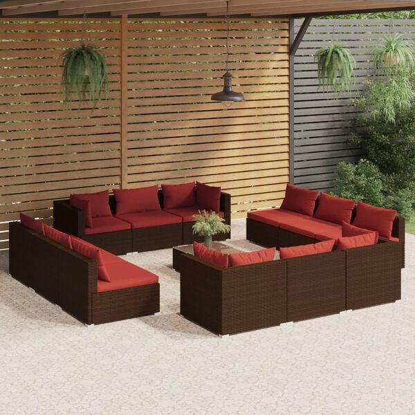 vidaXL 13 pcs conjunto lounge de jardim c/ almofad&otilde;es vime PE castanho