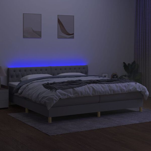 vidaXL Cama box spring c/ colch&atilde;o e LED 200x200 cm tecido cinza-claro