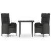 vidaXL 3 pcs conjunto de jantar p/ jardim c/ almofad&otilde;es vime PE preto