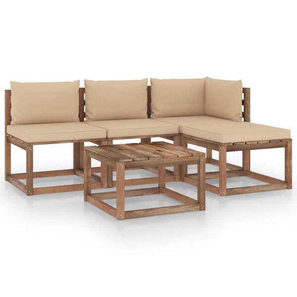 vidaXL 5pcs conj. lounge paletes jardim c/ almofad&otilde;es pinho impregnado