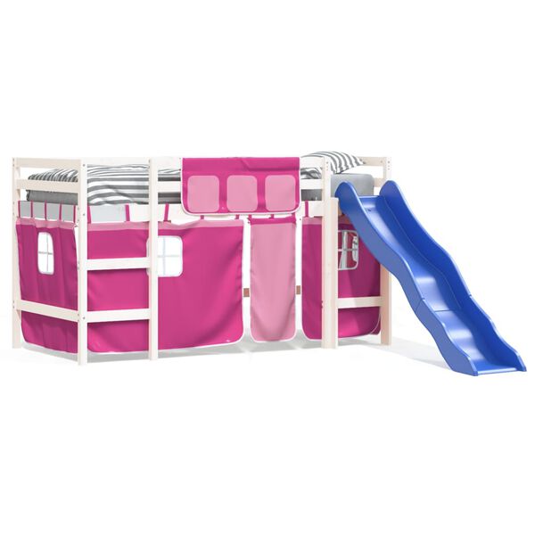 vidaXL Cama alta p/ criança c/ cortinas 90x190 cm pinho maciço rosa