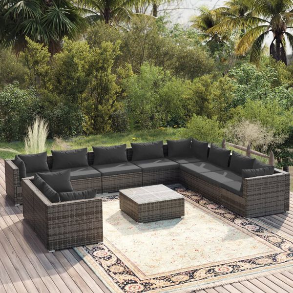 vidaXL 11 pcs conjunto lounge de jardim c/ almofad&otilde;es vime PE cinzento
