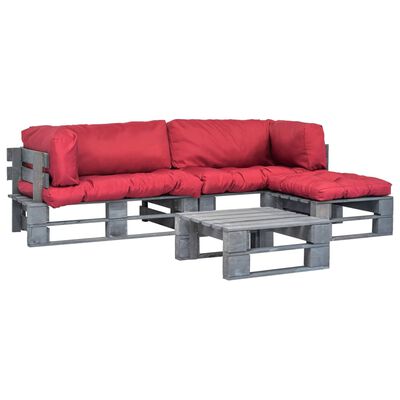 vidaXL Conj. lounge de paletes 4 pcs com almofadões vermelhos madeira