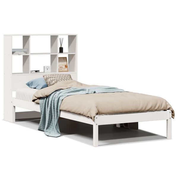 vidaXL Cama com estante sem colch&atilde;o 90x190 cm pinho maci&ccedil;o branco