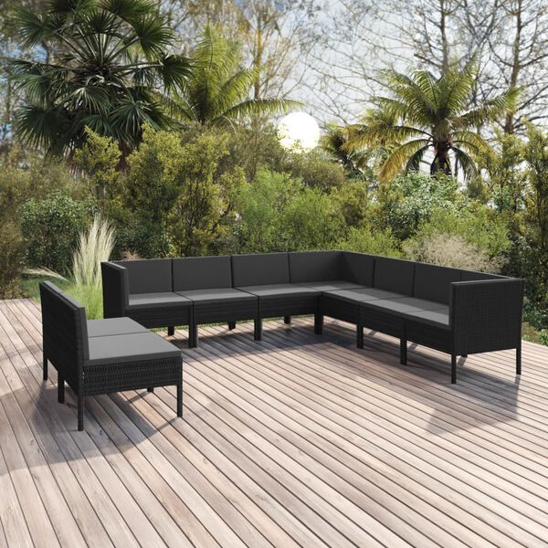 vidaXL 9 pcs conjunto lounge de jardim c/ almofad&otilde;es vime PE preto