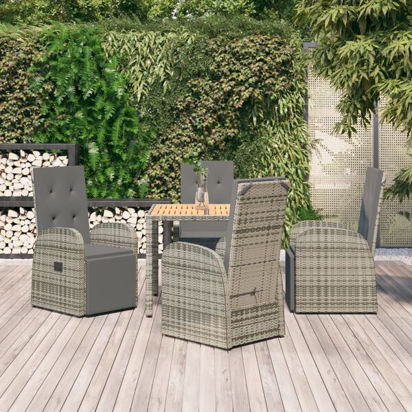 vidaXL 5 pcs conjunto de jantar p/ jardim c/ almofad&otilde;es vime PE cinza