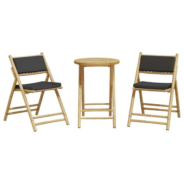 vidaXL 3 pcs conjunto bistr&ocirc; dobr&aacute;vel c/ almofad&otilde;es cinza escuro bambu