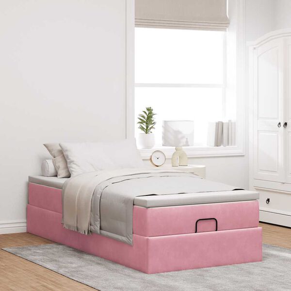 vidaXL Estrutura de cama otomana com colch&atilde;o 80x200 cm veludo rosa