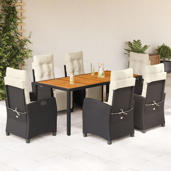 vidaXL 7 pcs conjunto de jantar p/ jardim c/ almofad&otilde;es vime PE preto
